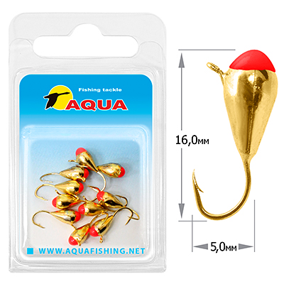 Мормышка вольфрамовая AQUA «Капля с ушком и красной каплей» (10 штук в упаковке), d5,0, золото