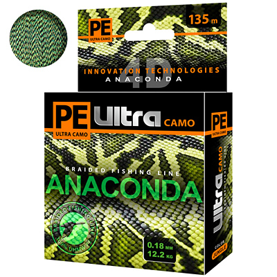 Плетеный шнур AQUA PE Ultra ANACONDA CAMO Jungle 135m 0.18mm, цвет - зеленовато-песчаный камуфляж, test - 12,20kg