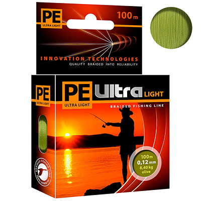 Плетеный шнур AQUA PE ULTRA LIGHT Olive 0,12mm 100m, цвет - оливковый, test - 8,40kg