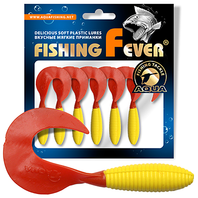 Твистер AQUA FishingFever ARGO, длина - 6,0cm, вес - 2,0g, упаковка 6 шт, цвет 052 (желто-красный)