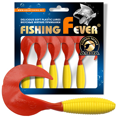 Твистер AQUA FishingFever ARGO, длина - 8,0cm, вес - 4,9g, упаковка 5 шт, цвет 052 (желто-красный)