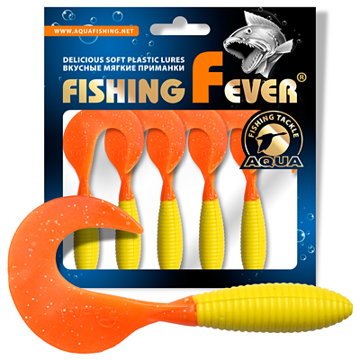 Твистер AQUA FishingFever ARGO, длина - 8,0cm, вес - 4,9g, упаковка 5 шт, цвет 169 (желто-оранжевый)