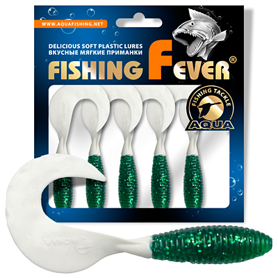 Твистер AQUA FishingFever ARGO, длина - 8,0cm, вес - 4,9g, упаковка 5 шт, цвет WH02 (зелено-белый)