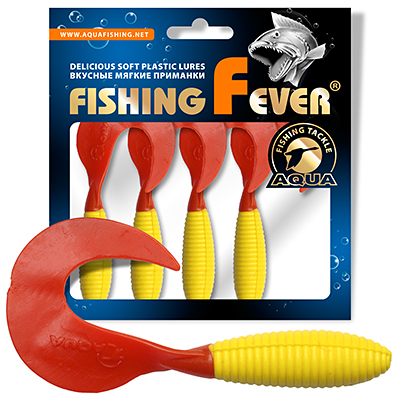 Твистер AQUA FishingFever ARGO, длина - 8,5cm, вес - 6,8g, упаковка 4 шт, цвет 052 (желто-красный)
