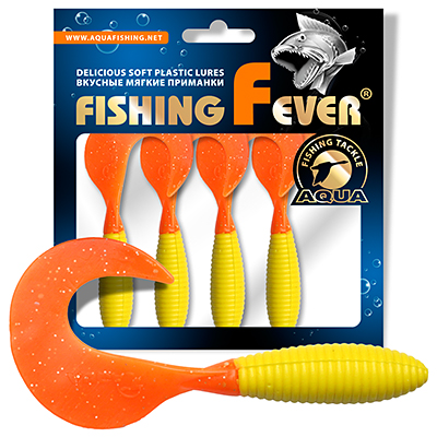 Твистер AQUA FishingFever ARGO, длина - 8,5cm, вес - 6,8g, упаковка 4 шт, цвет 169 (желто-оранжевый)