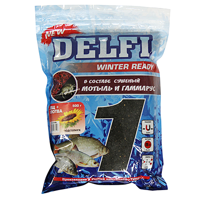 Прикормка зимняя увлажненная DELFI ICE Ready, лещ + плотва; подсолнух, черная, 500г