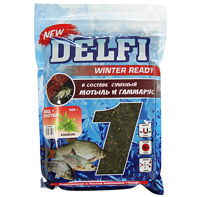 Прикормка зимняя увлажненная DELFI ICE Ready, лещ + плотва; конопля, зеленая, 500г