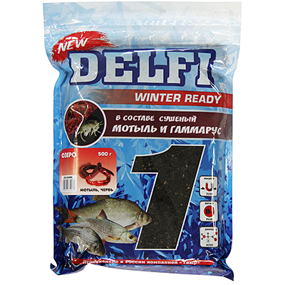 Прикормка зимняя увлажненная DELFI ICE Ready, озеро; мотыль + червь, черная, 500г