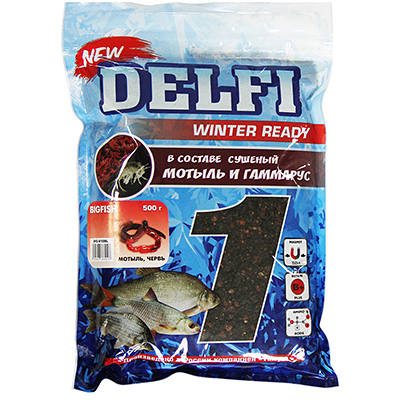Прикормка зимняя увлажненная DELFI ICE Ready, большая рыба; мотыль + червь, черная, 500г