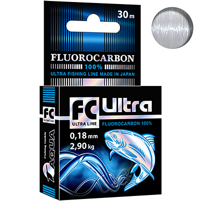 Леска AQUA FC Ultra Fluorocarbon 100% 0,18mm 30m, цвет - прозрачный, test - 2,90kg