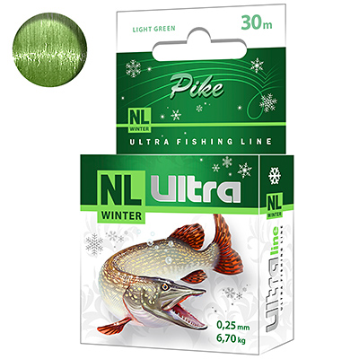Леска зимняя AQUA NL ULTRA PIKE (Щука) 30m 0,25mm, цвет - светло-зеленый, test - 6,70kg