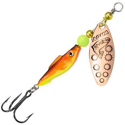 Блесна AQUA FISH LONG EXTRA-1, вес - 9,0g, лепесток №1 (медь), цвет тела 05 (желто-оранжевый флюр, медь)