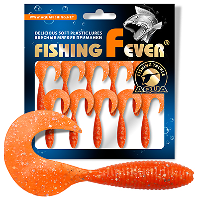 Твистер AQUA FishingFever ARGO, длина - 4,5cm, вес - 1,0g, упаковка 10 шт, цвет 028 (оранжевый с блестками)