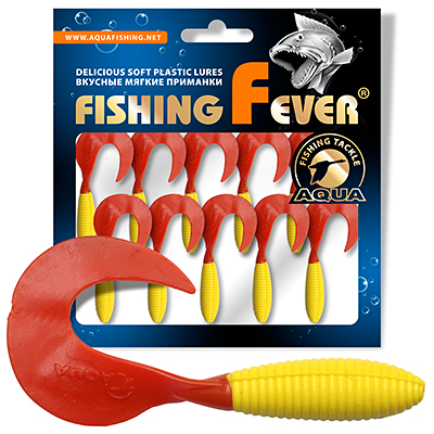 Твистер AQUA FishingFever ARGO, длина - 4,5cm, вес - 1,0g, упаковка 10 шт, цвет 052 (желто-красный)