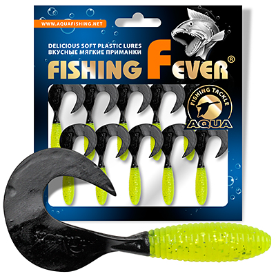 Твистер AQUA FishingFever ARGO, длина - 4,5cm, вес - 1,0g, упаковка 10 шт, цвет 067 (лимонно-черный)