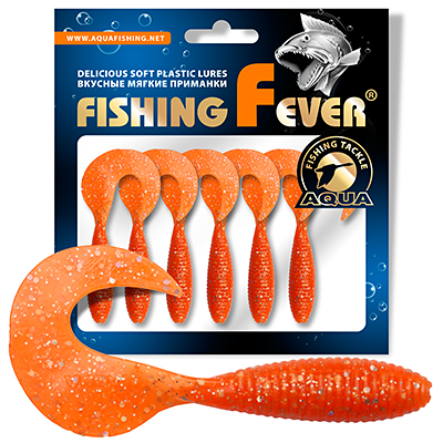Твистер AQUA FishingFever ARGO, длина - 6,0cm, вес - 2,0g, упаковка 6 шт, цвет 028 (оранжевый с блестками)