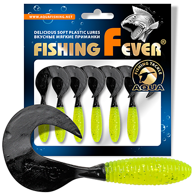 Твистер AQUA FishingFever ARGO, длина - 6,0cm, вес - 2,0g, упаковка 6 шт, цвет 067 (лимонно-черный)