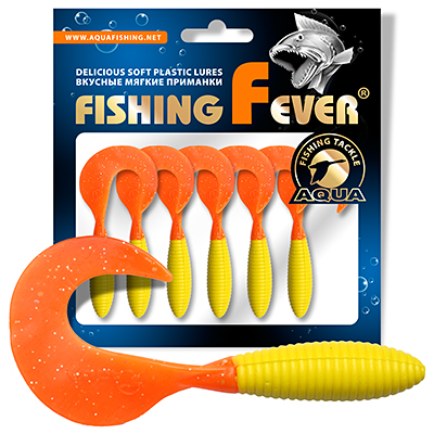 Твистер AQUA FishingFever ARGO, длина - 6,0cm, вес - 2,0g, упаковка 6 шт, цвет 169 (желто-оранжевый)