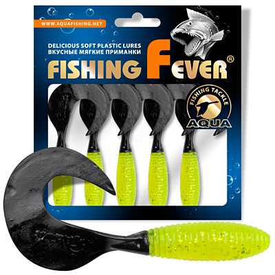 Твистер AQUA FishingFever ARGO, длина - 8,0cm, вес - 4,9g, упаковка 5 шт, цвет 067 (лимонно-черный)