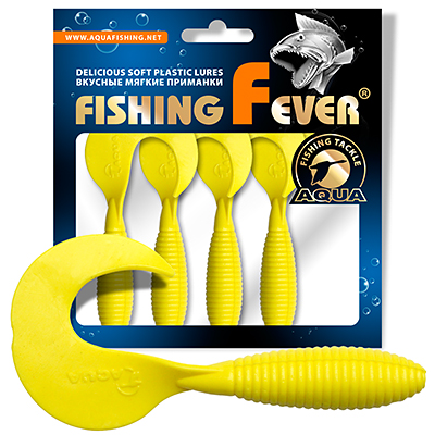 Твистер AQUA FishingFever ARGO, длина - 8,5cm, вес - 6,8g, упаковка 4 шт, цвет 010 (желтый)