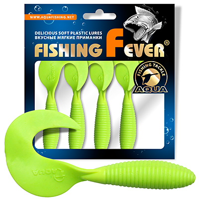 Твистер AQUA FishingFever ARGO, длина - 8,5cm, вес - 6,8g, упаковка 4 шт, цвет 011 (зеленоватый лимонник)
