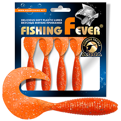 Твистер AQUA FishingFever ARGO, длина - 8,5cm, вес - 6,8g, упаковка 4 шт, цвет 028 (оранжевый с блестками)