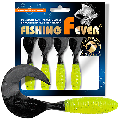 Твистер AQUA FishingFever ARGO, длина - 8,5cm, вес - 6,8g, упаковка 4 шт, цвет 067 (лимонно-черный)