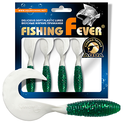 Твистер AQUA FishingFever ARGO, длина - 8,5cm, вес - 6,8g, упаковка 4 шт, цвет WH02 (зелено-белый)