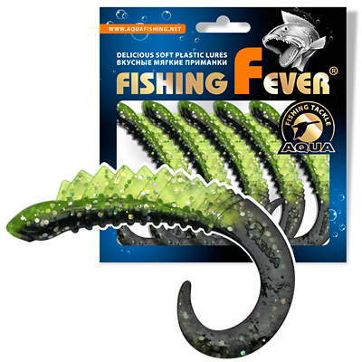Твистер AQUA FishingFever REAL, длина - 6,5cm, вес - 2,5g, упаковка 5 шт, цвет 067 (прозрачно-зеленый с блестками)