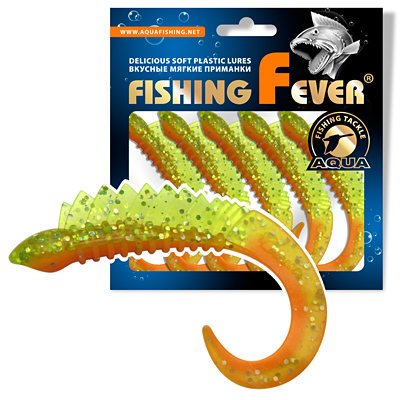 Твистер AQUA FishingFever REAL, длина - 6,5cm, вес - 2,5g, упаковка 5 шт, цвет 10NAM (прозачный зелено-оранжевый с блестками)