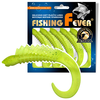 Твистер AQUA FishingFever REAL, длина - 6,5cm, вес - 2,5g, упаковка 5 шт, цвет 12NAM (желтый лимонник с блестками)