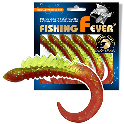 Твистер AQUA FishingFever REAL, длина - 6,5cm, вес - 2,5g, упаковка 5 шт, цвет 17NAM (прозачный зелено-красный с блестками)