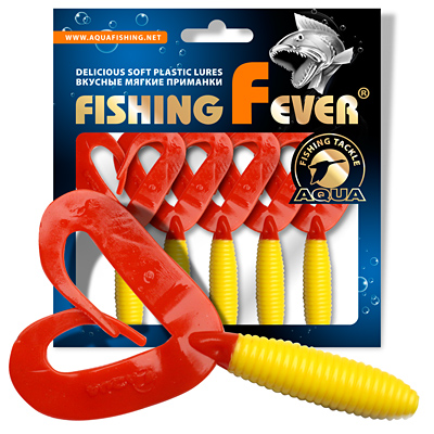 Твистер AQUA FishingFever TWIX, длина - 4,5cm, вес - 1,0g, упаковка 10 шт, цвет 052 (желто-красный)
